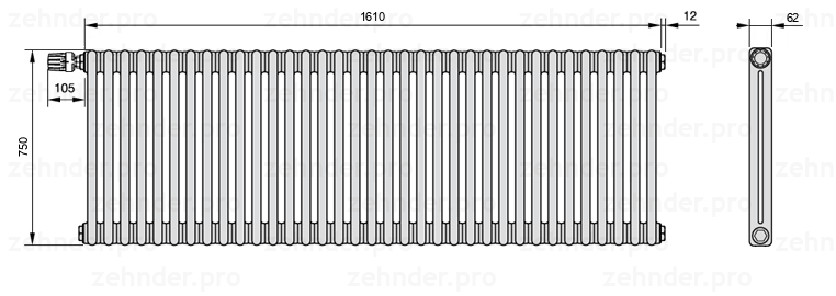 Схема (чертеж) Радиатор Zehnder Charleston 2075/35 №V012 Белый глянцевый RAL 9016